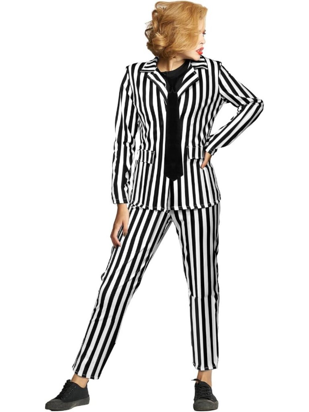 Chic Black & White Striped Suit Set for Women - Perfect Halloween Outfit